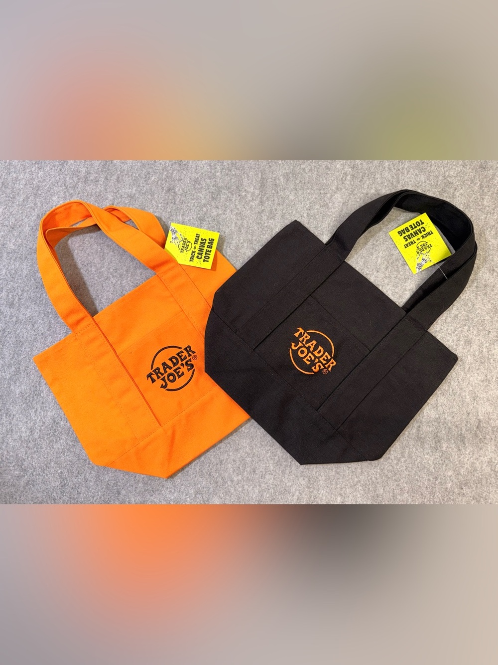 Trader Joe’s Trick or Treat Canvas Tote Bags Set of 2 Orange Black Halloween NWT
